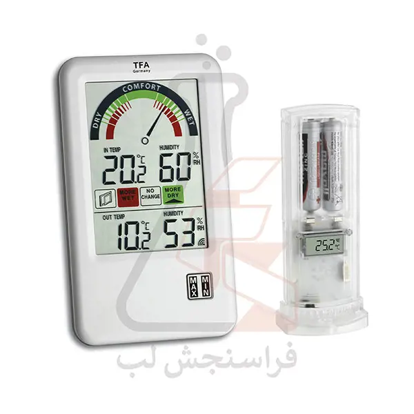 ترموهيدرومتر ديجيتال سنسوردار (داخل و خارج بي سيم همراه توصيه تهويه هوا) برند TFA کد 30.3045